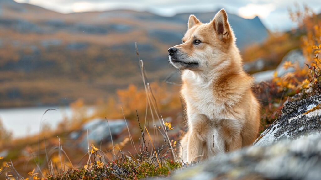  Hunderasse Norwegischer Buhund in einer typisch norwegischen Landschaft