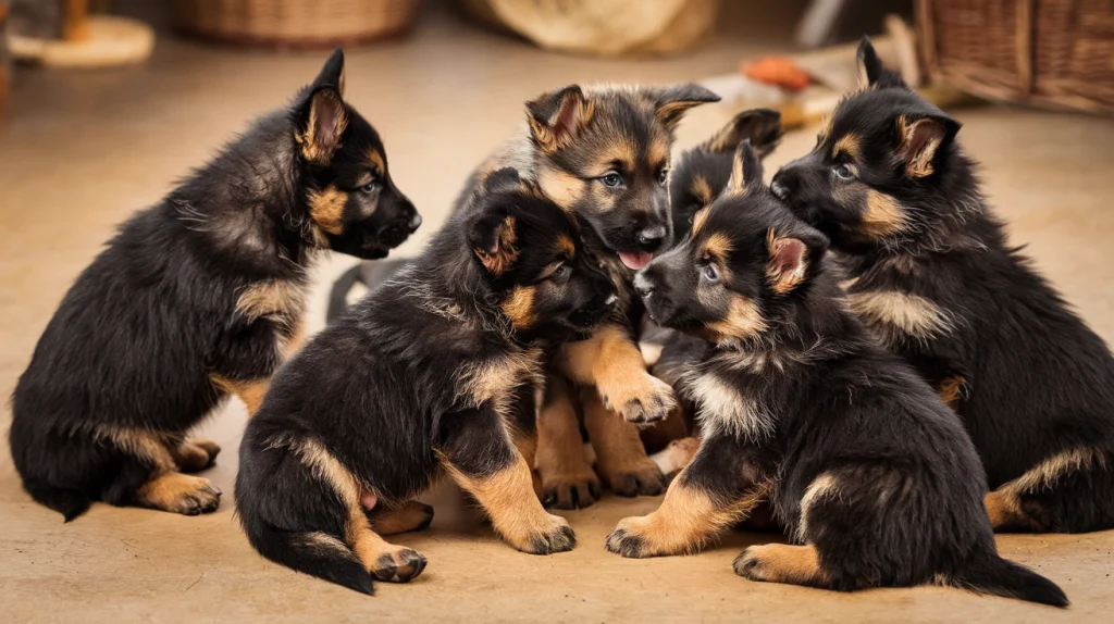 Das Bild zeigt eine kleine Gruppe von altdeutschen Schäferhundwelpen