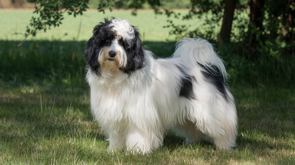 Weisser Bolonka Zwetna mit schwarzen Flecken. Der Hund steht auf einer Wiese und schaut in die Kamera.