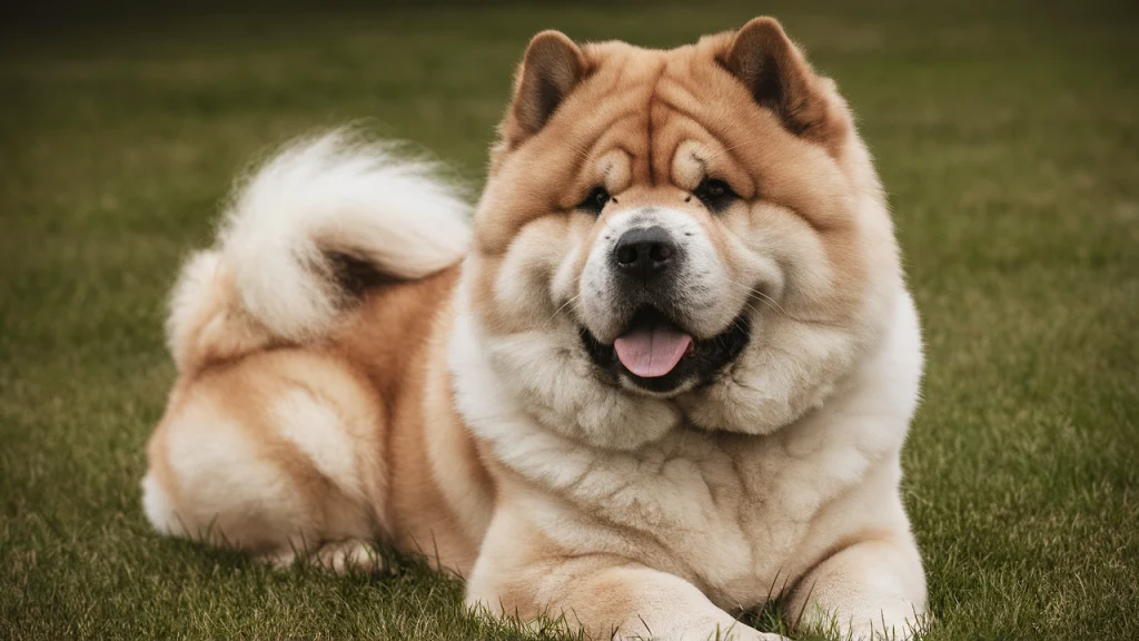 Das Bild zeigt einen Chow-Chow-, der auf einer Wiese sitzt. Der tschau tcshau hat das typische flauschige Fell, das in einem hellen Creme- oder Beige-Ton gehalten ist. Der Hund hat eine kompakte und robuste Statur, mit einem breiten Gesicht und einer kurzen, dunklen Schnauze. Seine kleinen, runden Augen verleihen ihm einen niedlichen und neugierigen Ausdruck. Die Ohren sind klein und stehen leicht nach vorne. Der Chow-Chow hat einen buschigen Schwanz, der aufgerollt auf seinem Rücken liegt. Die grüne Wiese im Hintergrund bildet einen schönen Kontrast zum hellen Fell des Hundes. Die Atmosphäre des Bildes ist ruhig und friedlich, und der Welpe wirkt entspannt und aufmerksam.