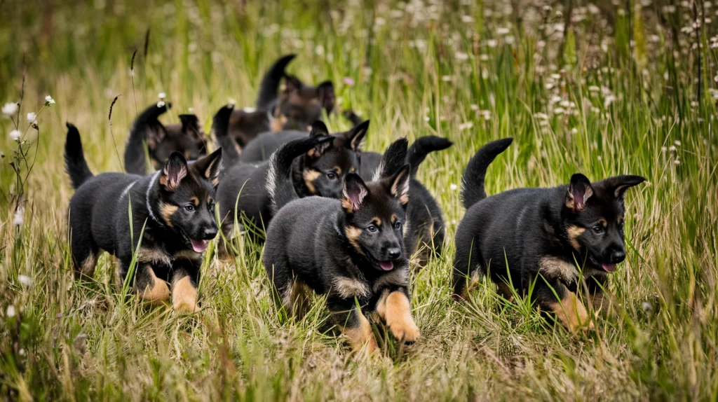 Eine Gruppe von Schäferhundwelpen rennt durch hohes Gras