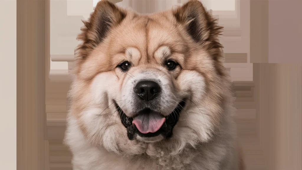 Das Bild zeigt einen erwachsenen Chow-Chow-Hund. Der Hund hat das charakteristische dicke und flauschige Fell, das in einem rötlich-braunen Farbton gehalten ist. Seine Statur ist kräftig und muskulös, mit einem breiten Kopf und einer kurzen, dunklen Schnauze. Die kleinen, dreieckigen Ohren stehen aufrecht, und die Augen sind dunkel und mandelförmig, was dem Hund einen wachsamen und würdevollen Ausdruck verleiht. Die gesamte Atmosphäre des Bildes strahlt Ruhe und Selbstsicherheit aus, die typisch für den stolzen Charakter eines Chow-Chows ist.