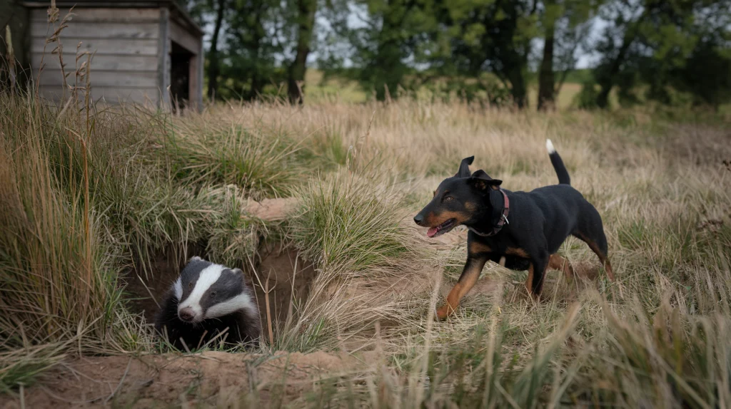 Ein Patterdale Terrier vor einem Dachsbau