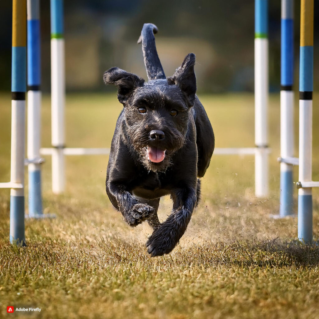 ein schwarfzer patterdale terrier rennt duch einen Agility Parcour