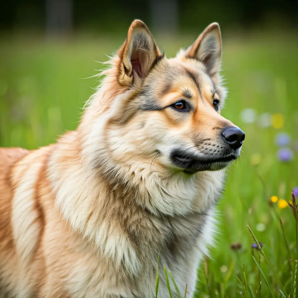 Das Foto zeigt einen Norwegian Buhund, eine mittelgroße Hunderasse mit einem lebhaften und freundlichen Ausdruck. Der Hund hat ein dichtes, welliges Fell, das in einem hellen Goldton gefärbt ist. Die Ohren sind aufrecht und dreieckig, was dem Hund ein aufmerksames Aussehen verleiht.