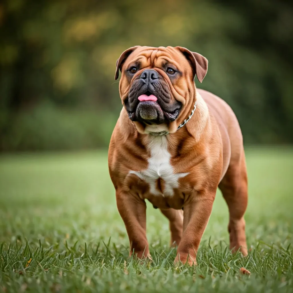 Das Bild zeigt einen Continental Bulldog in Nahaufnahme. Der Hund hat ein kurzes, hellbraunes Fell mit einer weißen Schnauze, einer weißen Brust und einem schmalen weißen Streifen, der über die Stirn verläuft.