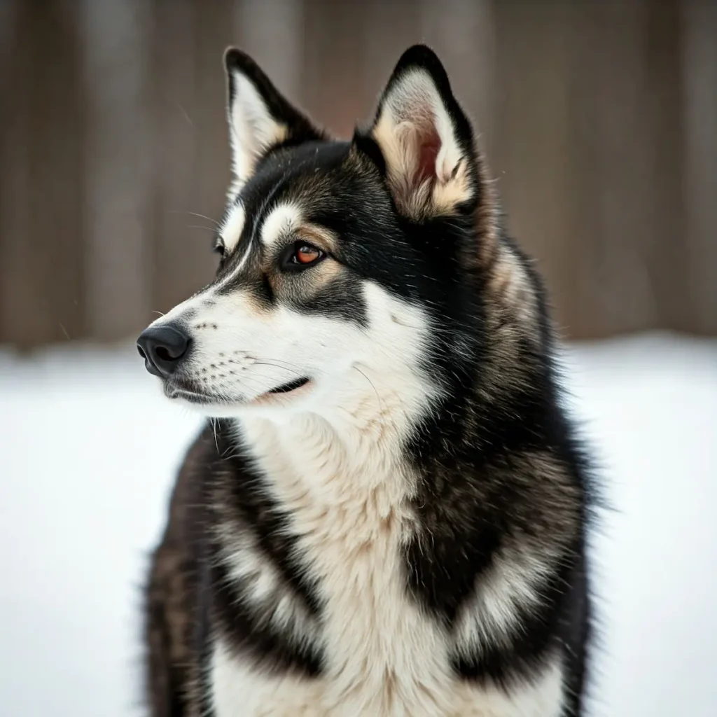 Ein Yakutskaya Laika steht im Profil auf schneebedecktem Boden, mit dicker weißer und schwarzer Fellzeichnung, aufgerichteten Ohren und aufmerksamem Blick, was die Anpassungsfähigkeit dieser nordischen Hunderasse an kalte Klimazonen betont.