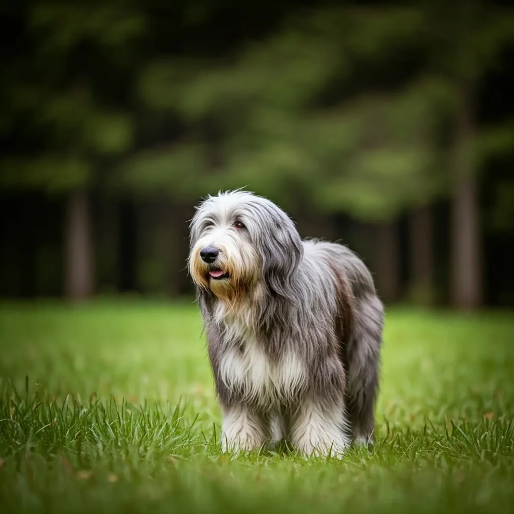 Ein Bearded Collie steht auf einer Wiese am Waldrand