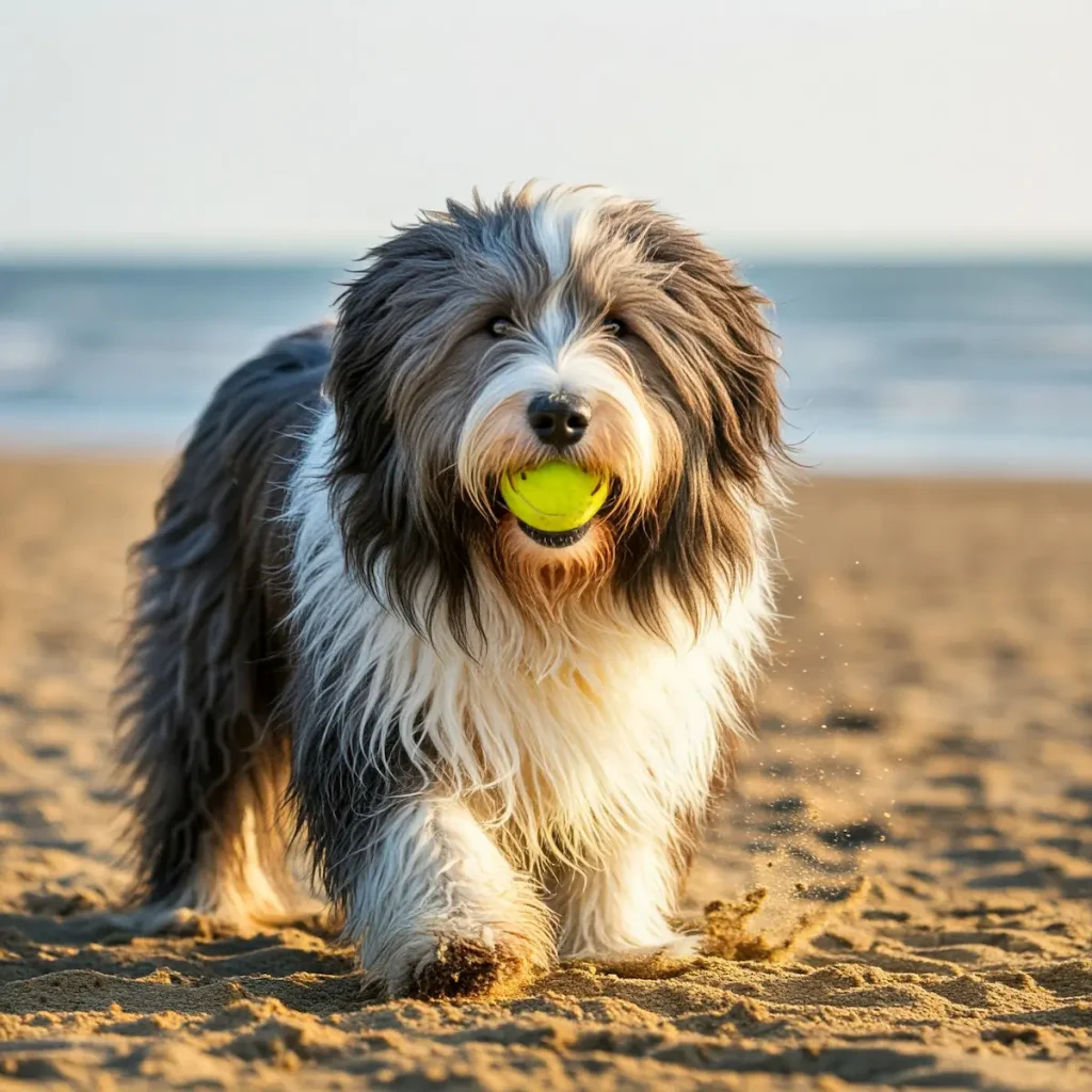 Bearde Collie spielt am Strand