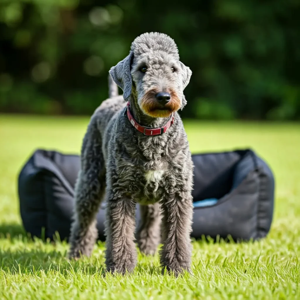 Bedlington Terrier steht auf einer WIese und schaut in Richtung Betrachter