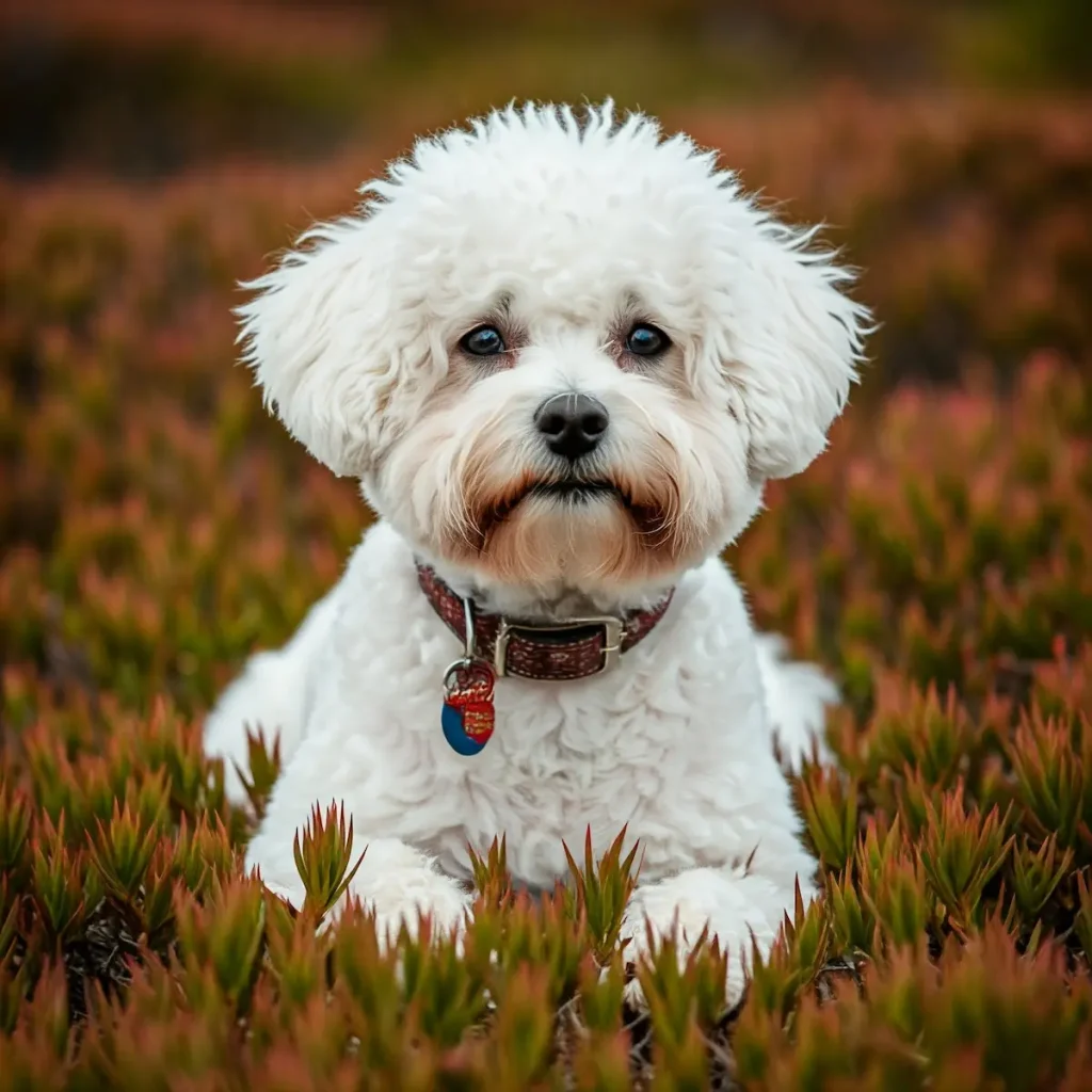 Bichon Frise liegt in einem Feld