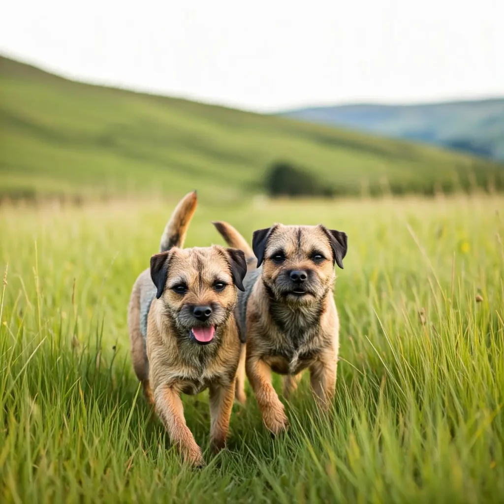 Zwei Border Terrier durchstreifen ein Feld