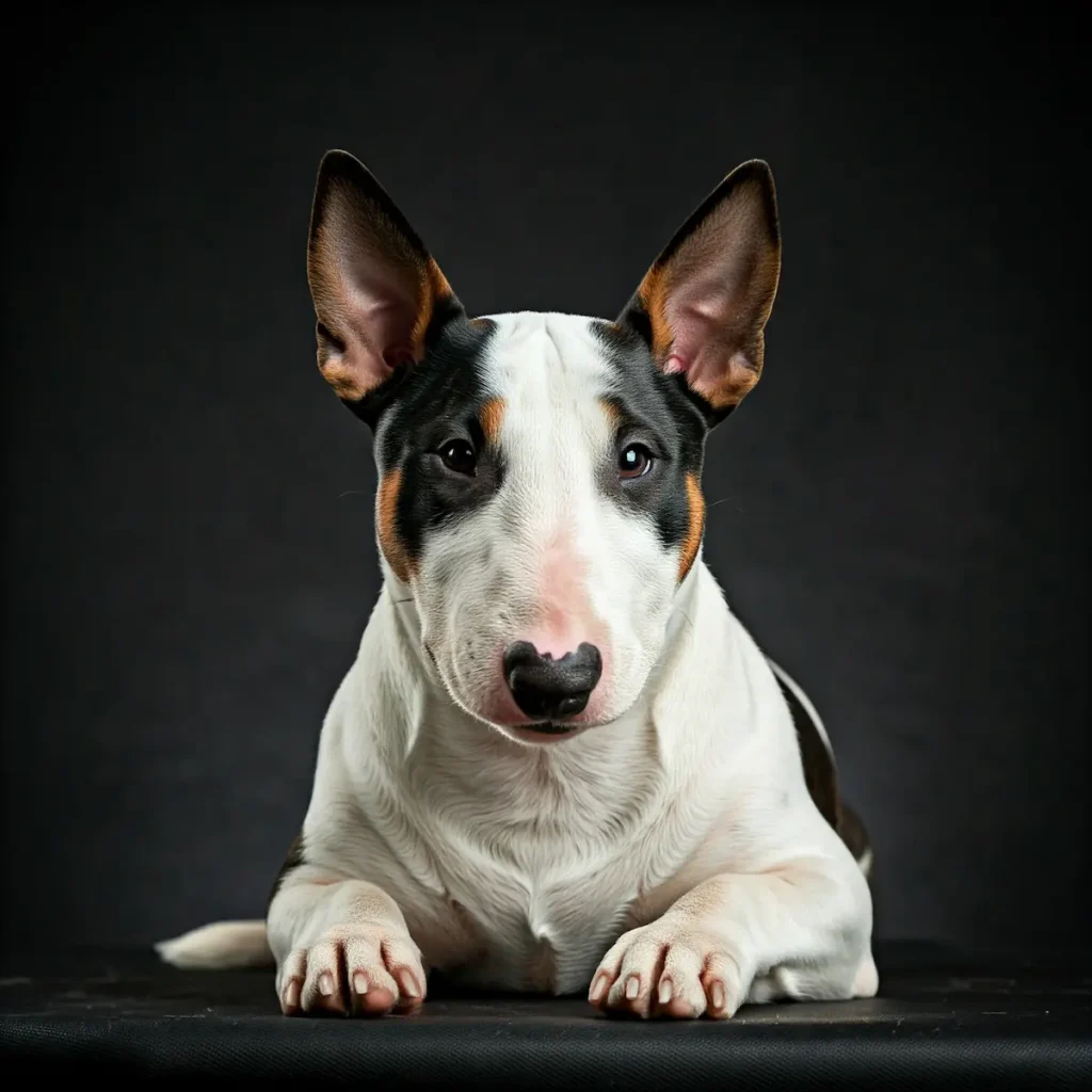 Bullterrier liegt auf dem Boden, professionelle Studioaufnahme