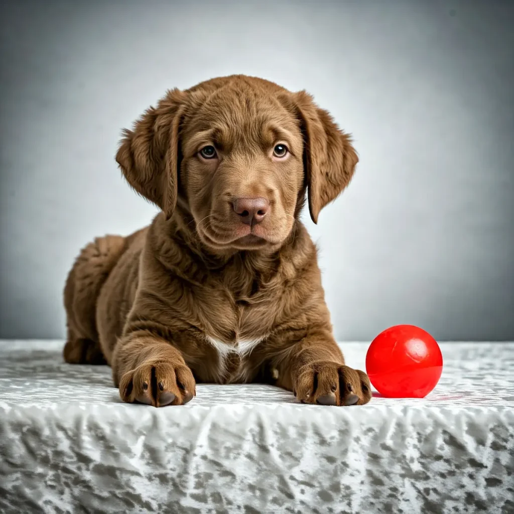 Chesapeake Bay Retriever welpen. der Welpe liegt auf einer weissen Samtdecke, nebem ihm liegt ein roter ball