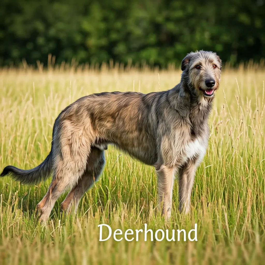 Deerhound steht auf einer Wiese