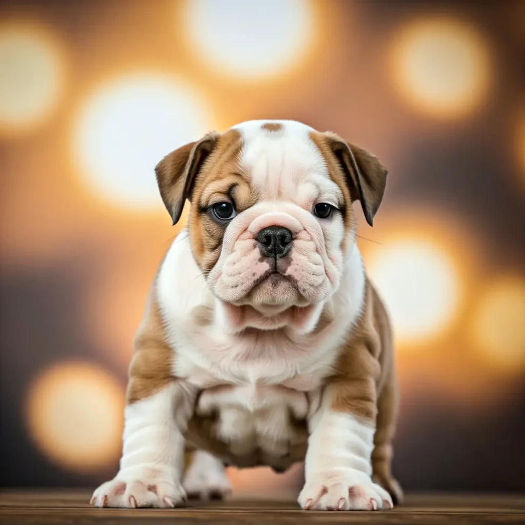 englische bulldogge welpe schaut in die kamera