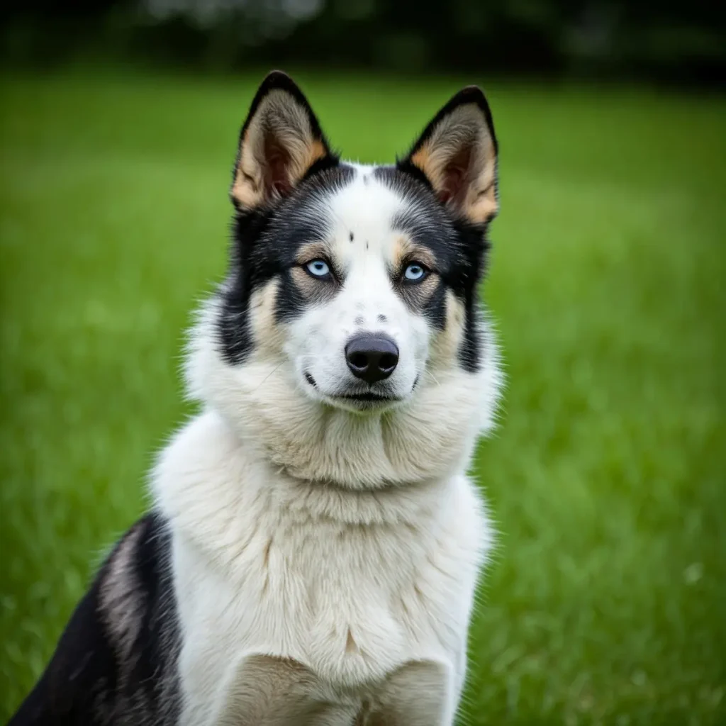 "Ein Yakutskaya Laika mit weiß-schwarzem Fell sitzt aufmerksam im Freien auf grünem Gras, mit aufgerichteten Ohren und einem sanften, freundlichen Ausdruck im Gesicht, der das loyale und ausgeglichene Wesen der Rasse zeigt."