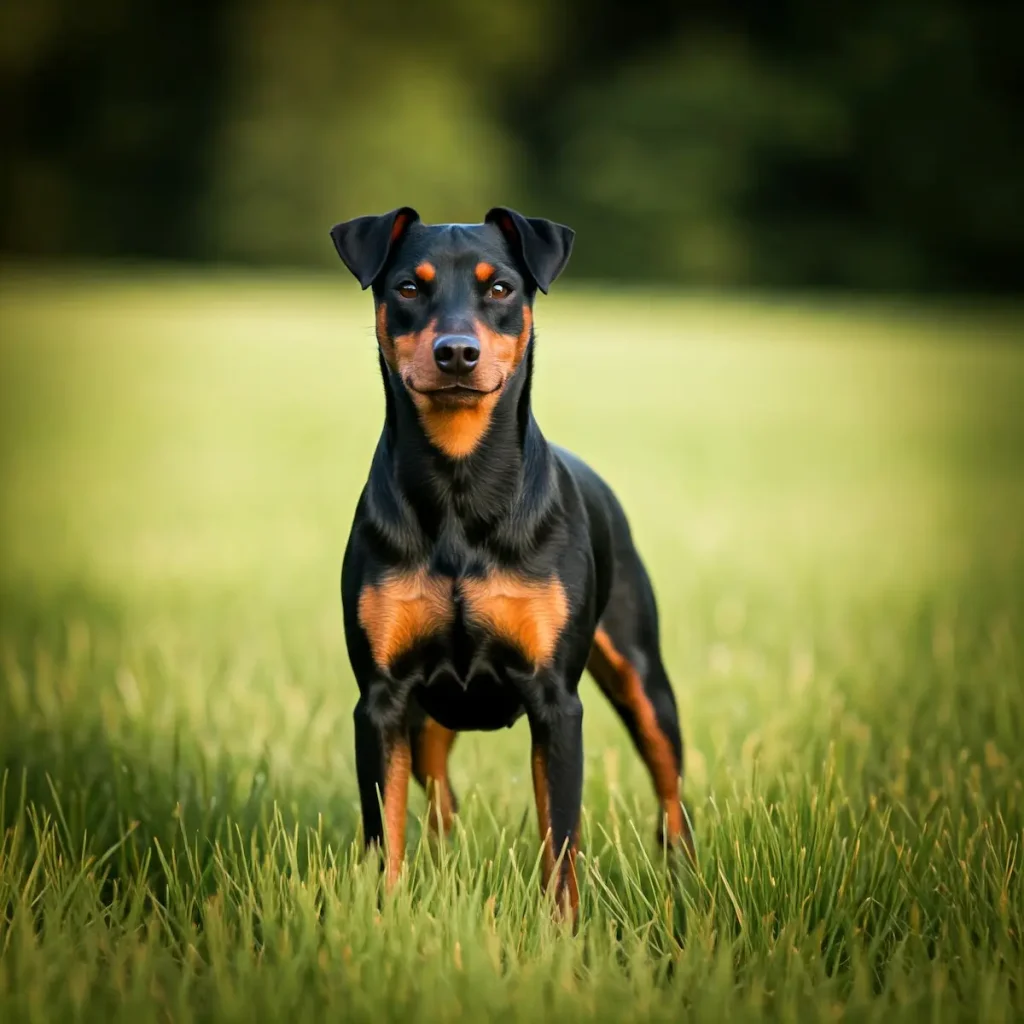 Manchester Terrier steht auf einer Wiese