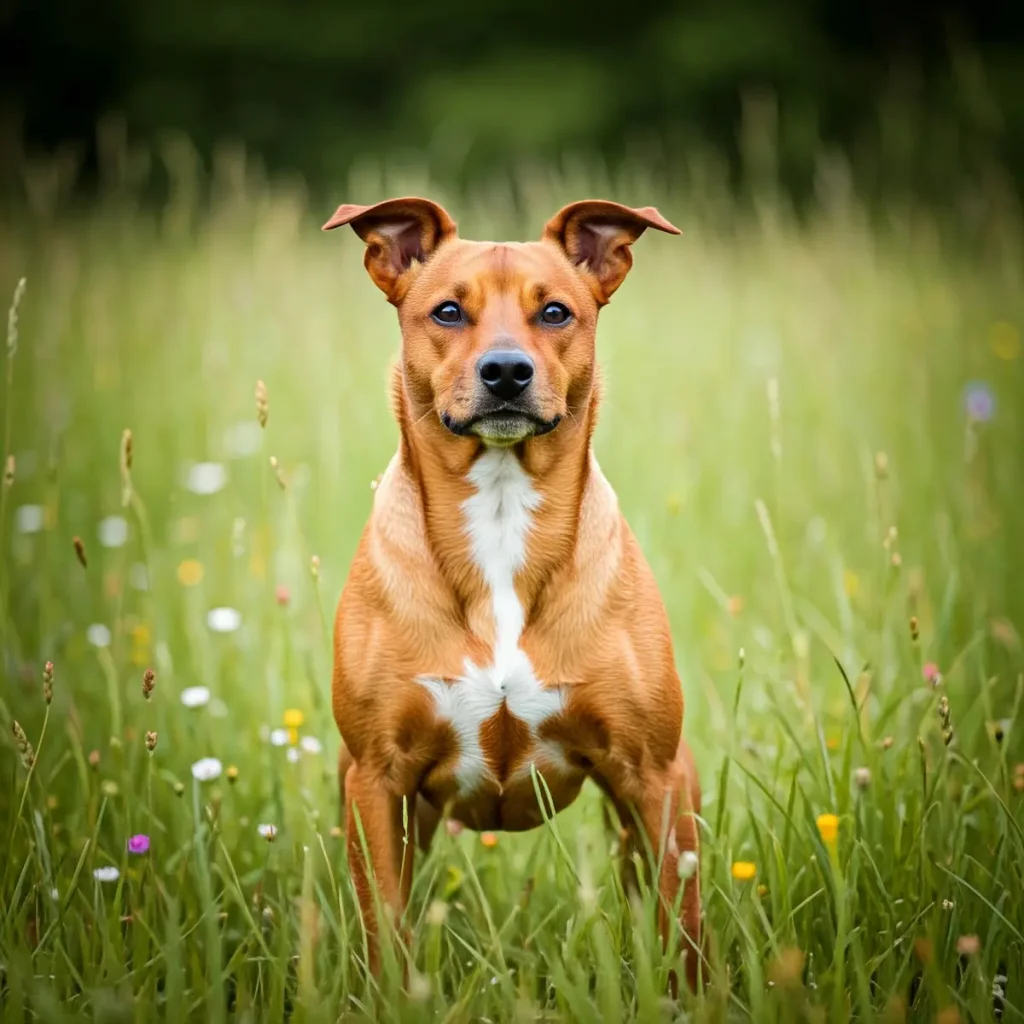 Österreichischer Pinscher steht im hohen Gras