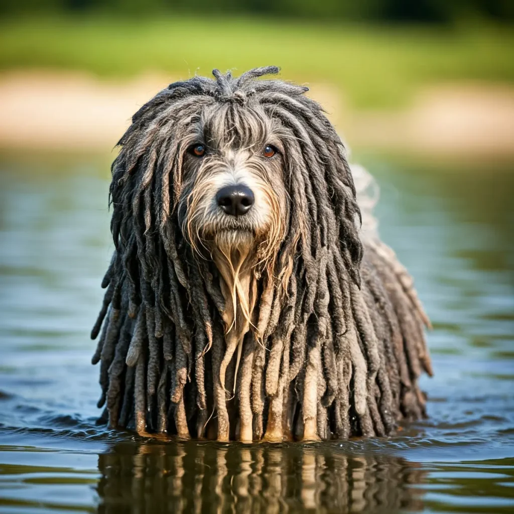 Ein Puli steht im Wasser und schaut den Betrachter an