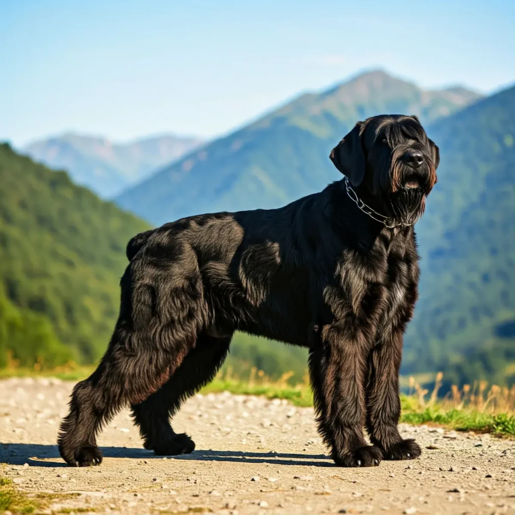 Riesenschnauzer - im Hintergrund sieht man Berge