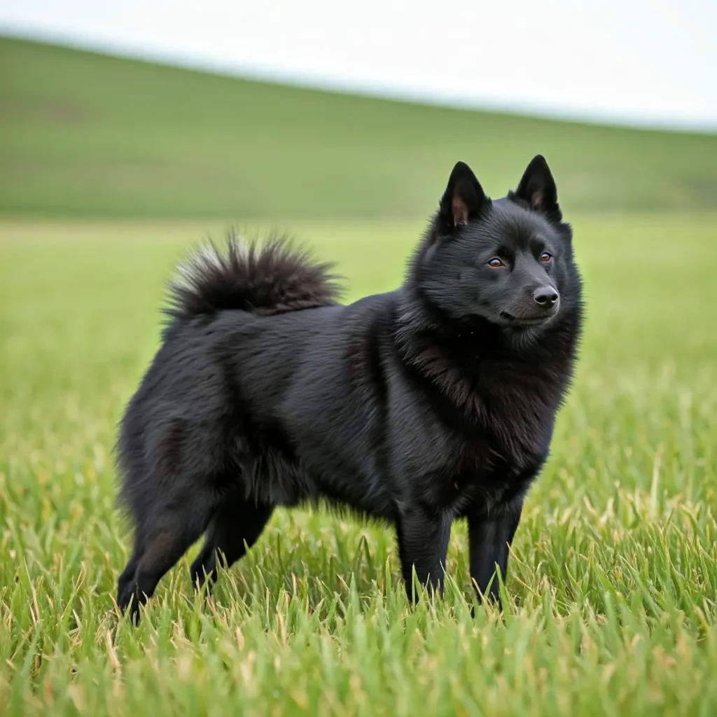 Ein Schipperke steht auf einer Weide