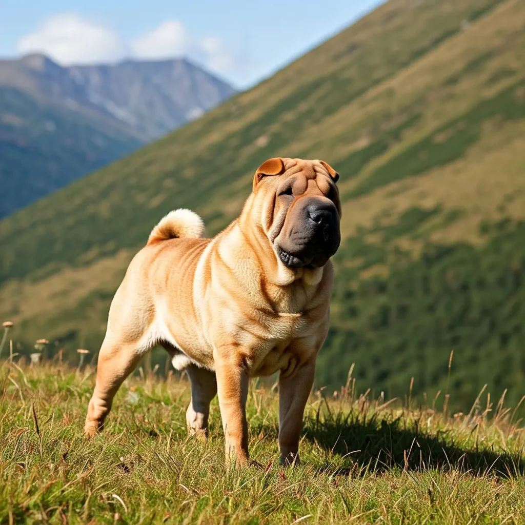 Shar Pei steht auf einer Wiese