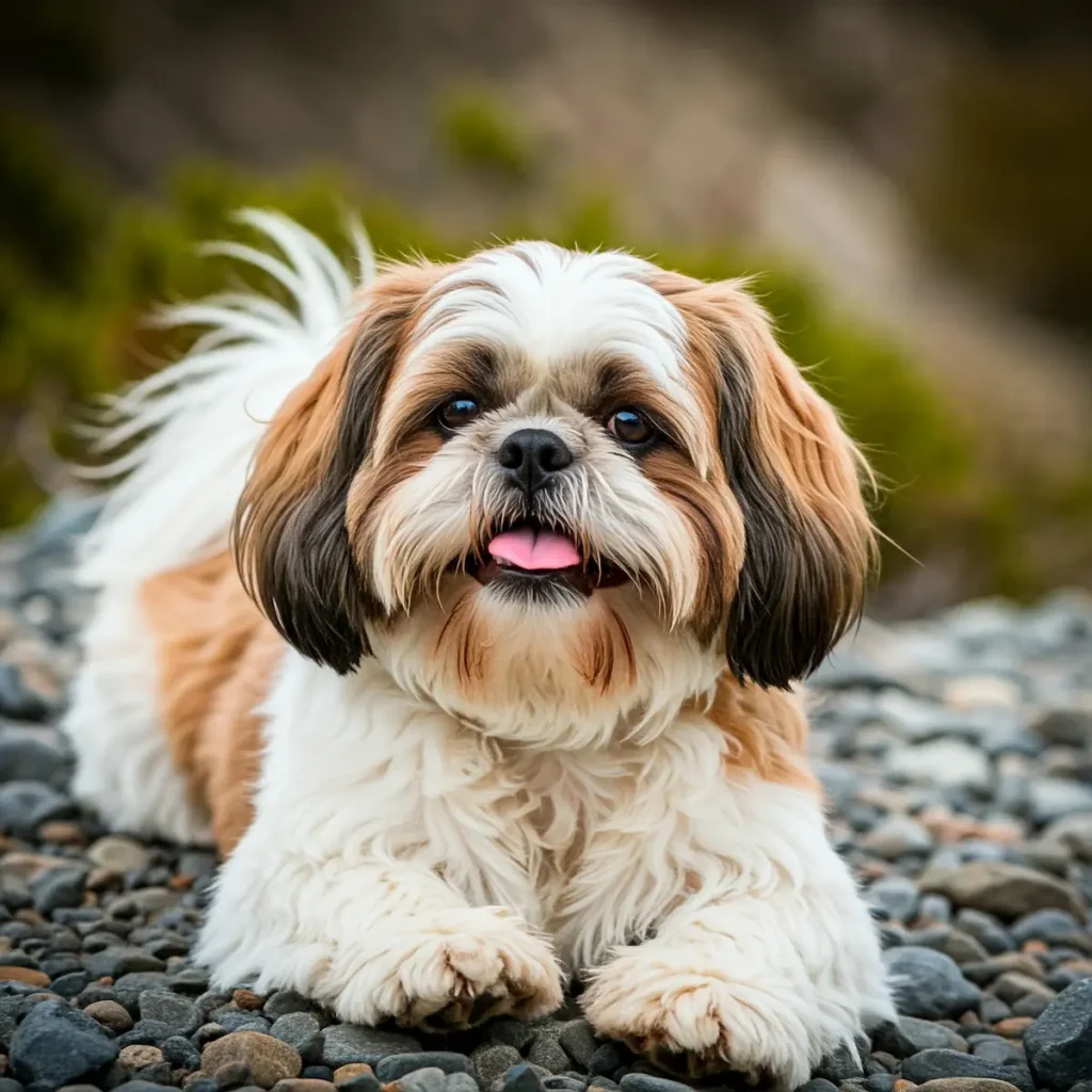 Ein Shih-Tzu liegt auf dem Boden und schaut den Betrachter an