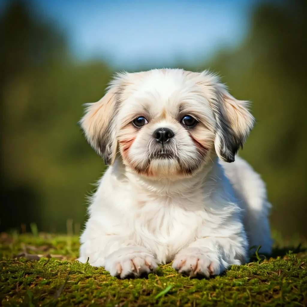 Shih Tzu liegt auf einer Wiese und schaut entspannt in die Kamera