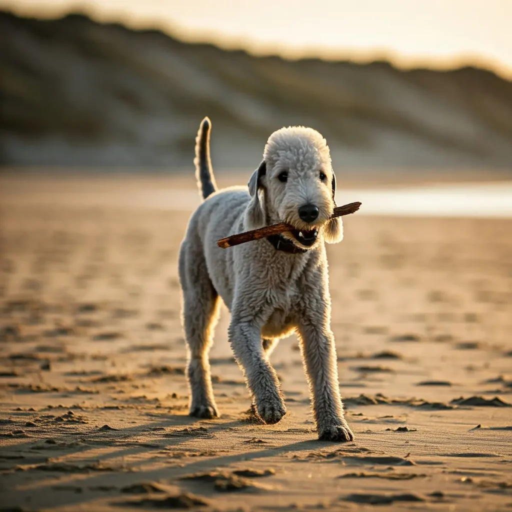 Ein Bedlington Terrier spielt am Strand und trägtein Stück Holz im Maul